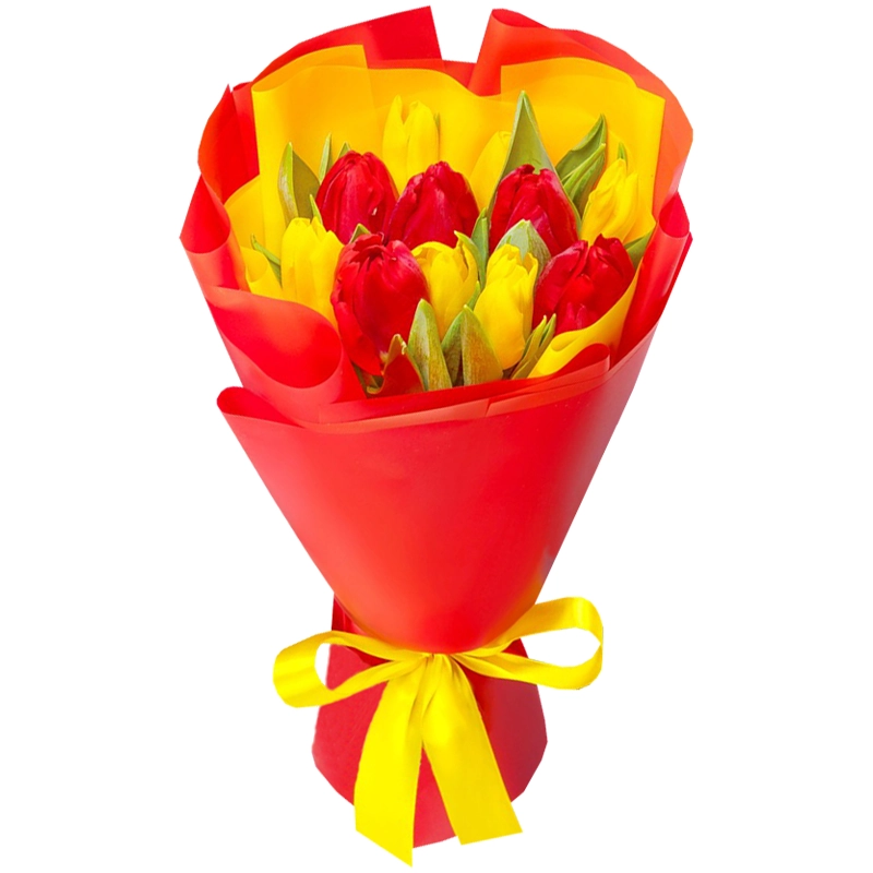 букет из 11 красно-желтых тюльпанов